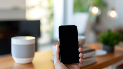 Hand Holding Smartphone with Smart Home Control Interface in a Modern Living Room