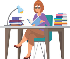 Woman studying at desk with book stacks.