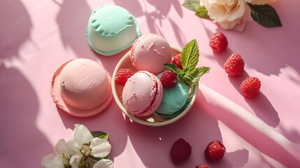 Pastel Macarons with Fresh Raspberries and Mint on Pink Background