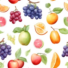 Seamless pattern of fruit in watercolor painting style on white background