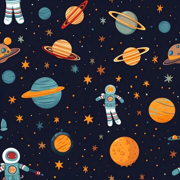 Seamless pattern of spaceships and stars and galaxies based on sci-fi movies