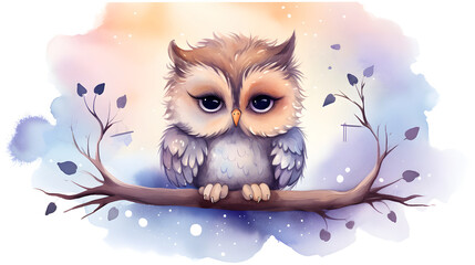 Obraz premium Watercolor Illustration of Cute Owl on a Branch