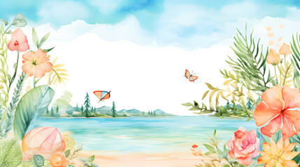 Fototapeta na wymiar Idyllic Summer Landscape Watercolor Floral and Butterfly Frame with Lake View
