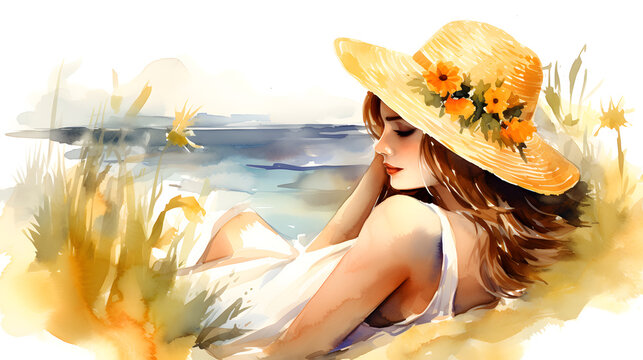 Summer Bliss Watercolor Illustration of Woman Relaxing in Nature