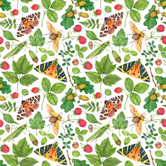 Watercolor seamless forest pattern with moths, berries, leaves, strawberries, raspberries, grasshopper, acorns, gooseberries and beetles. Hand painted background illustration.