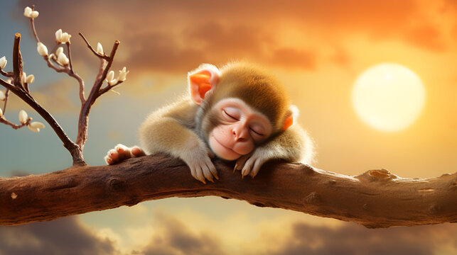 Dreaming in Green An Adorable Monkey Sleeps Soundly on a Thick Tree Limb