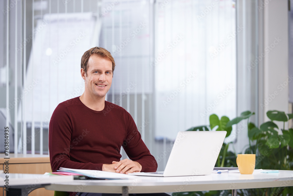 Sticker Portrait, smile and business man on laptop at desk in office for creative career in startup company. Face, employee or happy professional on computer at table, copywriter or entrepreneur in Australia