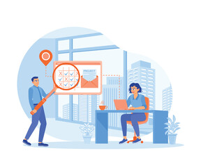 Businessman analyzes teamwork. Women are working using a laptop. Project Management concept. Flat vector illustration.