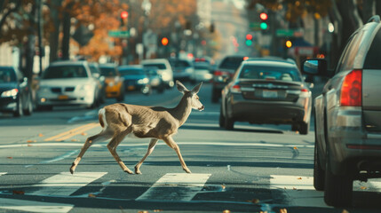 Deer Crossing Street in Front of Cars
