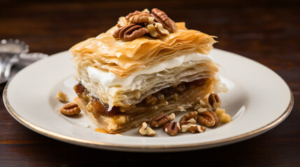 A slice of traditional baklava with layers of phyllo