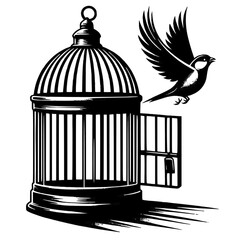 Bird escaping from cage, concept of freedom