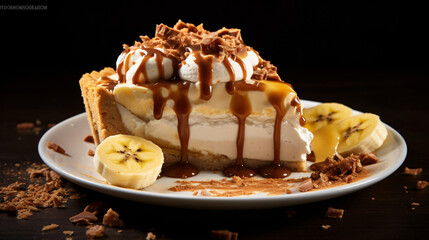 A slice of traditional banoffee pie with bananas toffee