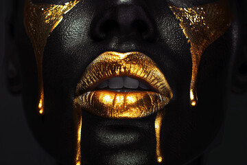Gold paint drips from the lips, golden liquid drops on beautiful model girl`s mouth, creative abstract dark black skin makeup. Beauty woman face on black