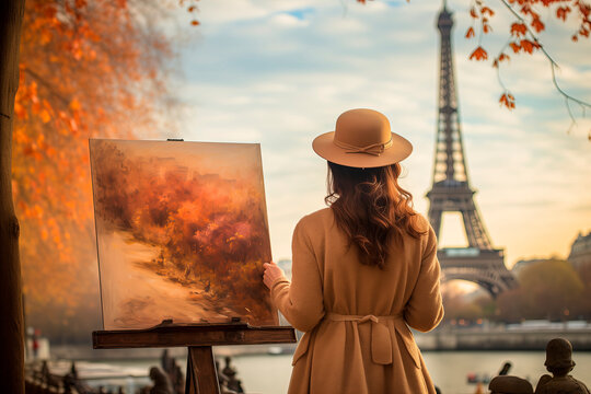 An artist paints an autumnal Paris scene with the Eiffel Tower in the background, suitable for travel and art themes.