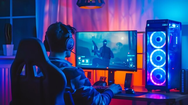 Enthusiastic gamer engaged in a mission on a desktop PC. colorful gaming setup in a dark room. gaming culture visual. AI