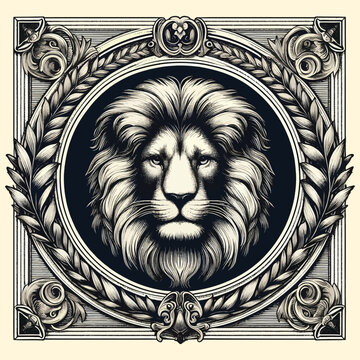 lion with old engraving vector style, lion retro vintage illustration