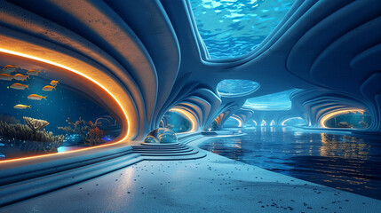 A futuristic underwater cityscape with advanced architecture and marine life 