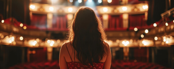 From the back of the concert hall stage, an opera singer in a stunning red dress stands, her presence captivating even from behind as she prepares to grace the audience with her performance. - obrazy, fototapety, plakaty