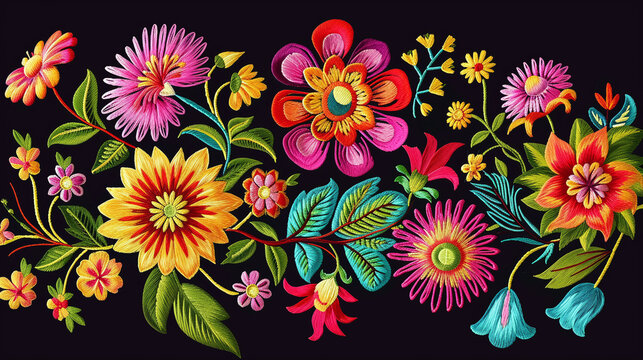 colorful floral pattern on black background made with embroidery in vibrant color