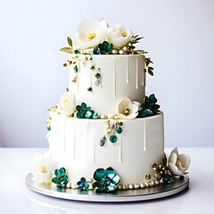 Cake design with green decorations, white wedding Cake with Green gem and diamonds, Green gem and diamonds decorating cake, silver balls, worthy nice cake design with beautiful background, copy space 