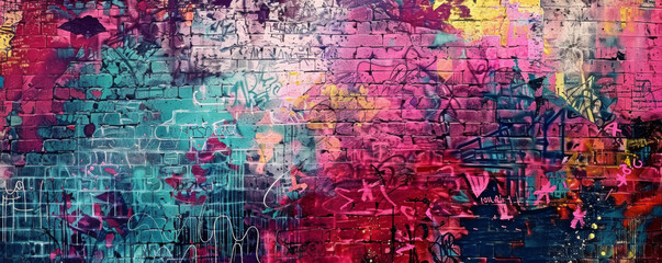 Colorful abstract graffiti decorates a brick wall, forming a vibrant and dynamic background. - obrazy, fototapety, plakaty