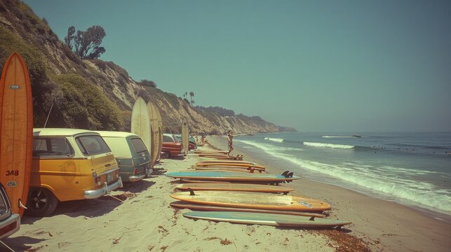 Vintage cars and surfboards line the shore in a classic 1960s beach tableau.