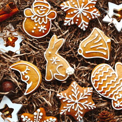 Cute Christmas Gingerbread and Lights Stars. Top View