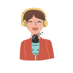 Smiling Young woman with headphones, microphone isolated. Vector illustration can used for broadcasting, podcasting concept, radio concept.