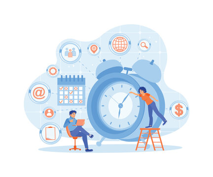Businessman organizes teamwork and schedule tasks appropriately. Effective teamwork efficiency. Time Management concept. Flat vector illustration.