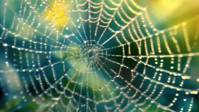 A detailed image of a spiders web showcasing the waterrepelling properties of its silk threads. Water droplets adorn the web like glistening jewels unable to trate the sy