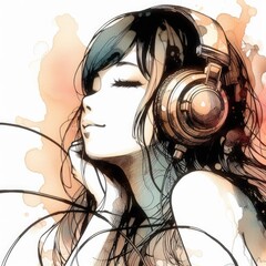 Asian girl enjoying music wearing headphone illustration with Generative AI.