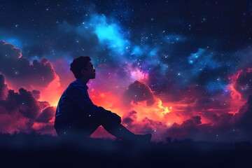 Man Sitting on Ground in Front of Night Sky - obrazy, fototapety, plakaty
