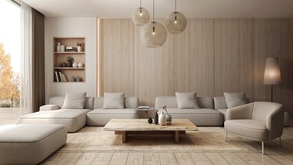 Fototapeta na wymiar Living room designed in Japandi style, a combination of Scandinavian and Japanese design. The light beige colors of the furniture blend in a subdued way with the light wood of the floor. 3D render 