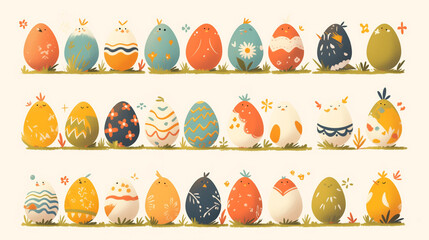 A delightful array of illustrated Easter eggs, each uniquely adorned with spring motifs, flowers, and playful patterns.