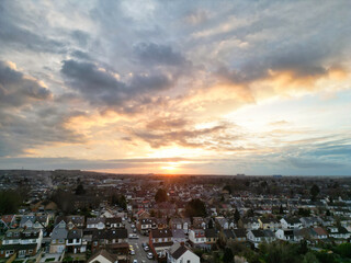 Aerial View of Residential Homes During Orange Sunset over England UK