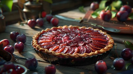 A fresh plum tart sits on a rustic table amidst summer's bounty. homemade pastry, perfect for dessert. enjoy the flavors of the season. AI - obrazy, fototapety, plakaty