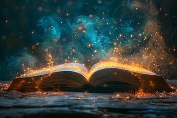 Illuminated Open Book on Table