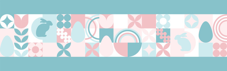 Seamless background for the spring holiday of Easter with a texture of circles and squares. Mosaic with geometric shapes, pastel background with eggs and hares.