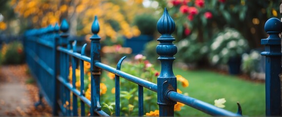 A blue wrought iron fence on the side of the garden from Generative AI - obrazy, fototapety, plakaty