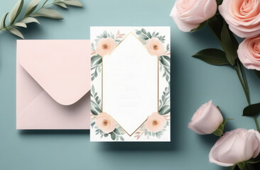 Wedding invitation card. Blank card mockup on pastel background