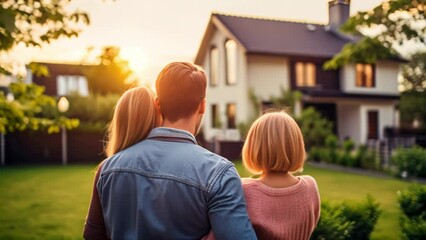 Happy family, mother, father and child standing and looking on their new modern home, rear view. Mortgage, home loan concept
