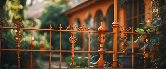 A orange wrought iron fence on the side of the garden from Generative AI