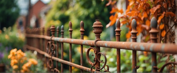 A rusty wrought iron fence on the side of the garden from Generative AI - obrazy, fototapety, plakaty