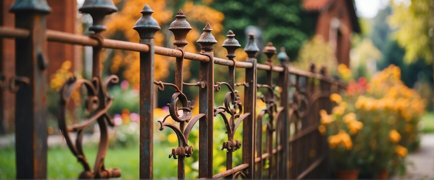 A rusty wrought iron fence on the side of the garden from Generative AI