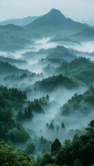 Mystical fog enveloping ancient foothills, revealing a solitary peak in the distance amidst a tranquil, ethereal landscape