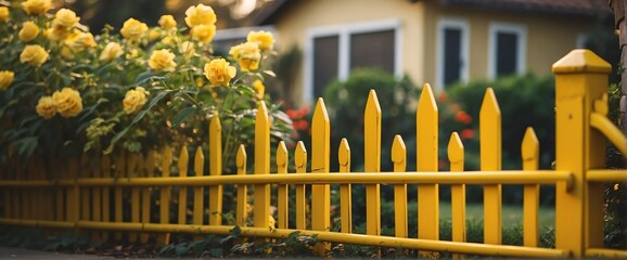 A yellow metal picket fence on the side of the garden from Generative AI
