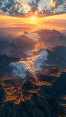 Captivating aerial view of a majestic mountain range bathed in golden sunrise light, revealing intricate terrains and valleys