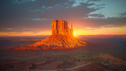 A towering butte, standing alone in a vast mesa landscape, highlighted by the golden hues of the setting sun - obrazy, fototapety, plakaty
