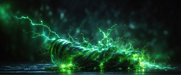 Green pure energy with electrical electricity plasma power fusion on plain black background from Generative AI - obrazy, fototapety, plakaty