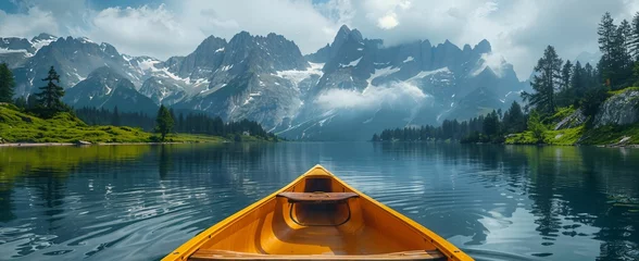 Foto op Canvas A tranquil mountain lake reflecting the surrounding peaks, with a lone canoe in the center, embodying peace and solitude © akarawit
